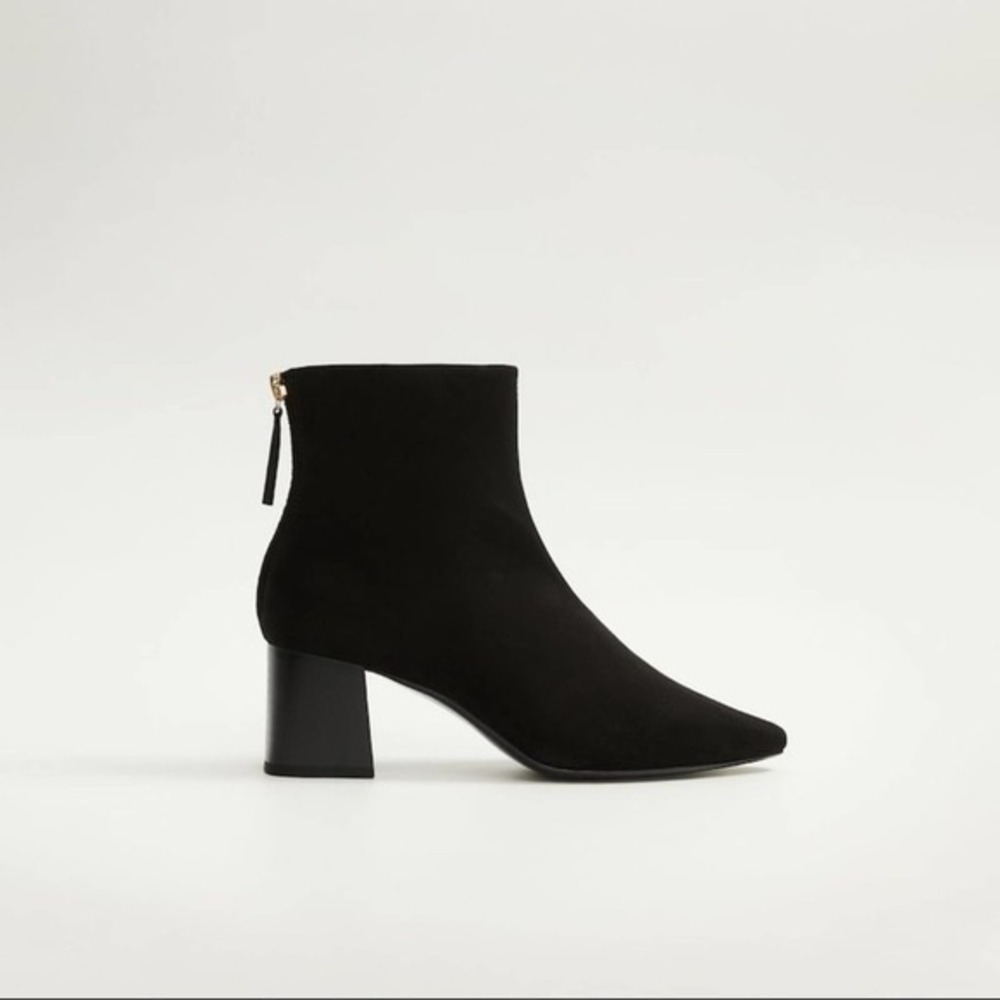 Mango Black Suede Block Heeled Ankle Booties